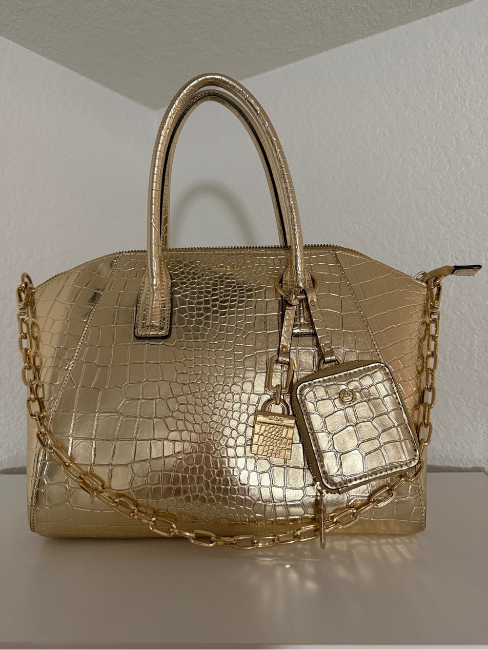 Aldo Metallic Gold Croc-Embossed Satchel with Chain Strap